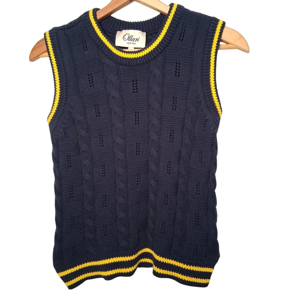 Anthropologie Ollari Sweater Vest Women XS Blue Gold Stripe Cable Knit Academia
